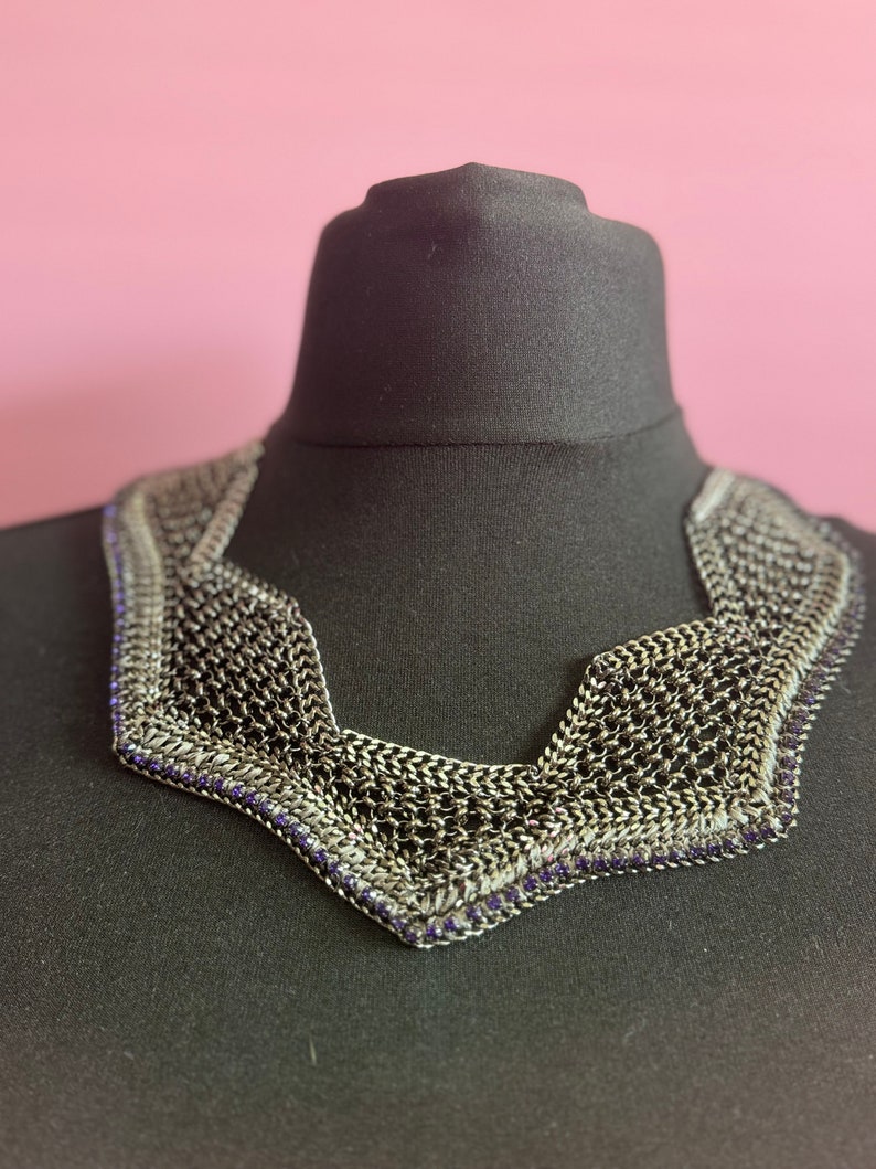 Retro deep purple Swarovski Crystal diamanté and dark grey silver tone chainmail wide choker necklace designer image 6