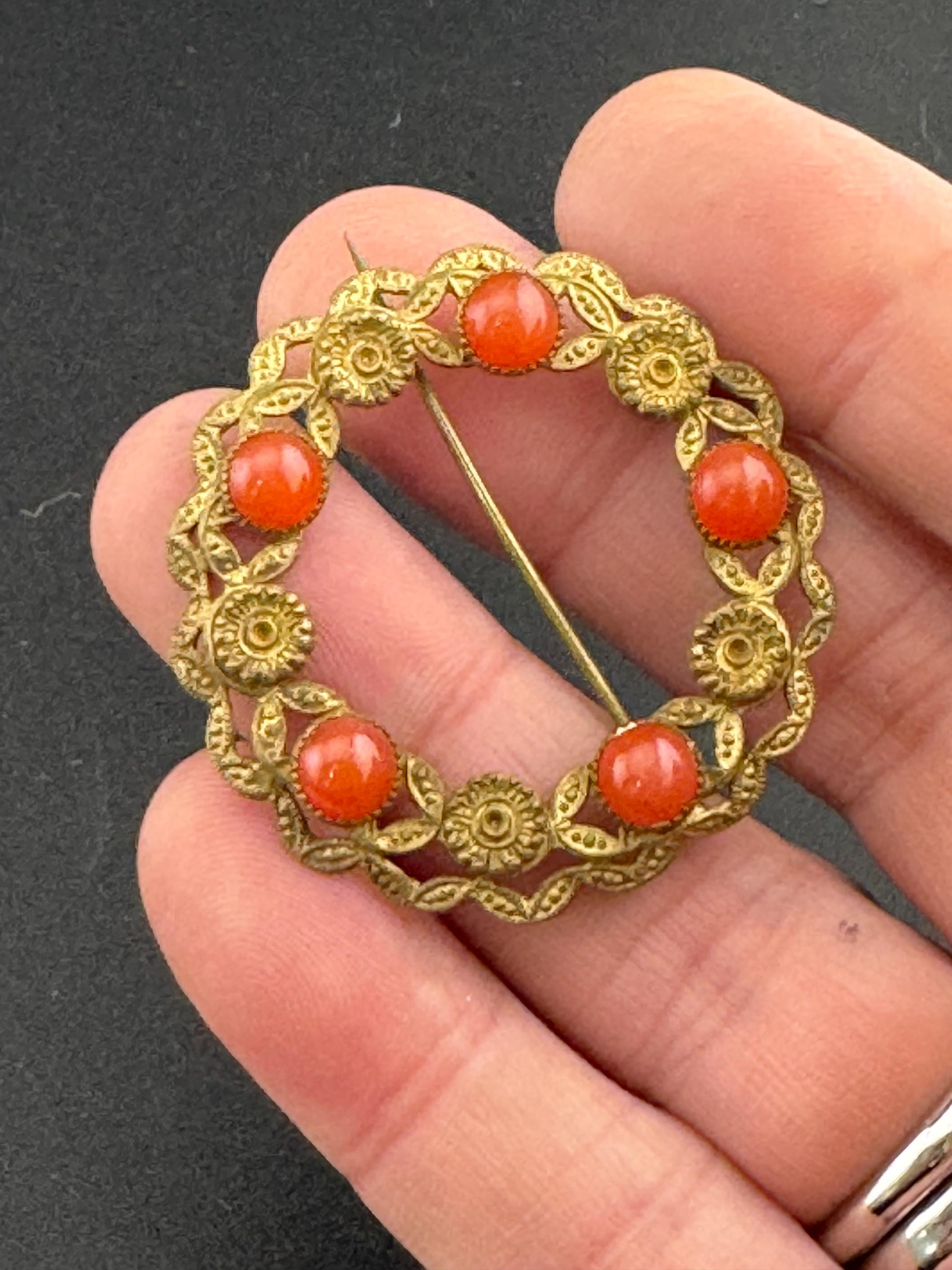 Broche Vintage Cabochon Orangé - Pierre Type Ambre - Monture Laiton