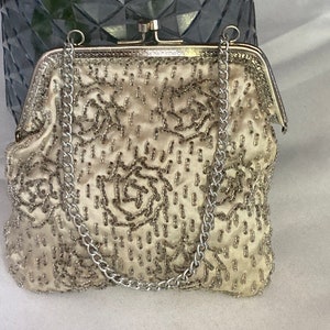 Vintage oyster cream satin with silver seed bead work beaded Evening Purse Bag