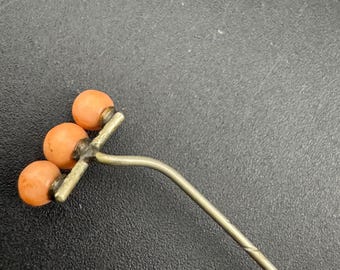 Silver Antique coral beaded Stick Pin, Victorian Edwardian 1900s 1920s