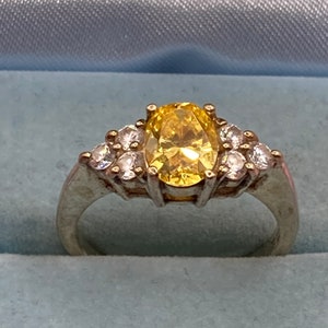 Cubic zirconia yellow gemstone dress ring UK size P 925 sterling silver