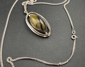 Tigers Eye Pendant, Signed 1970S K&L Modernist Necklace | 925 Sterling Silver | 21 In Chain