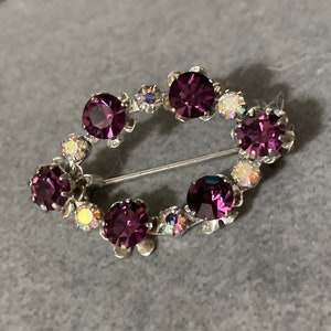 Silver tone amethyst purple Aurora borealis diamanté rhinestone brooch 4cm