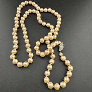 Vintage Long glass knotted Faux Pearl Necklace, Single Strand Cream silver tone diamante clasp 80cm