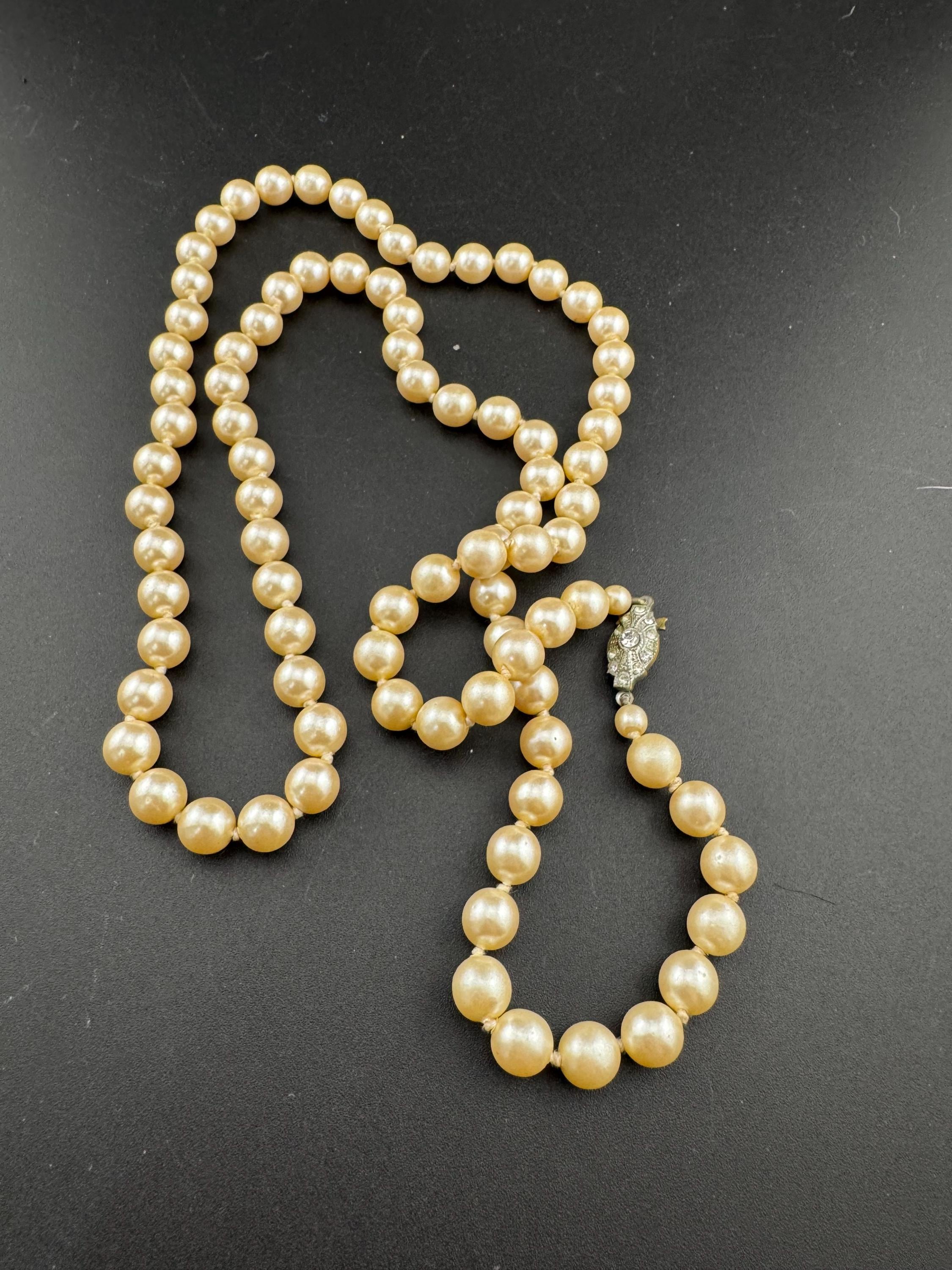 Long Faux Pearl Necklace: Cream Glass Knots, Diamante Clasp  display picture 1