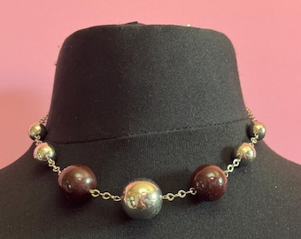 Czech brown Glass Beaded Necklace: Art Deco Chrome Silver, 1920s Style