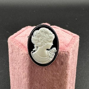 Antique style Black resin cameo lady ring adjustable non tarnish stainless steel