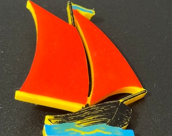 vintage French early plastic celluloid red yellow blue nautical sailing yacht boat Brooch