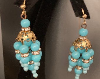 turquoise blue beaded diamanté Drop earrings Plastic