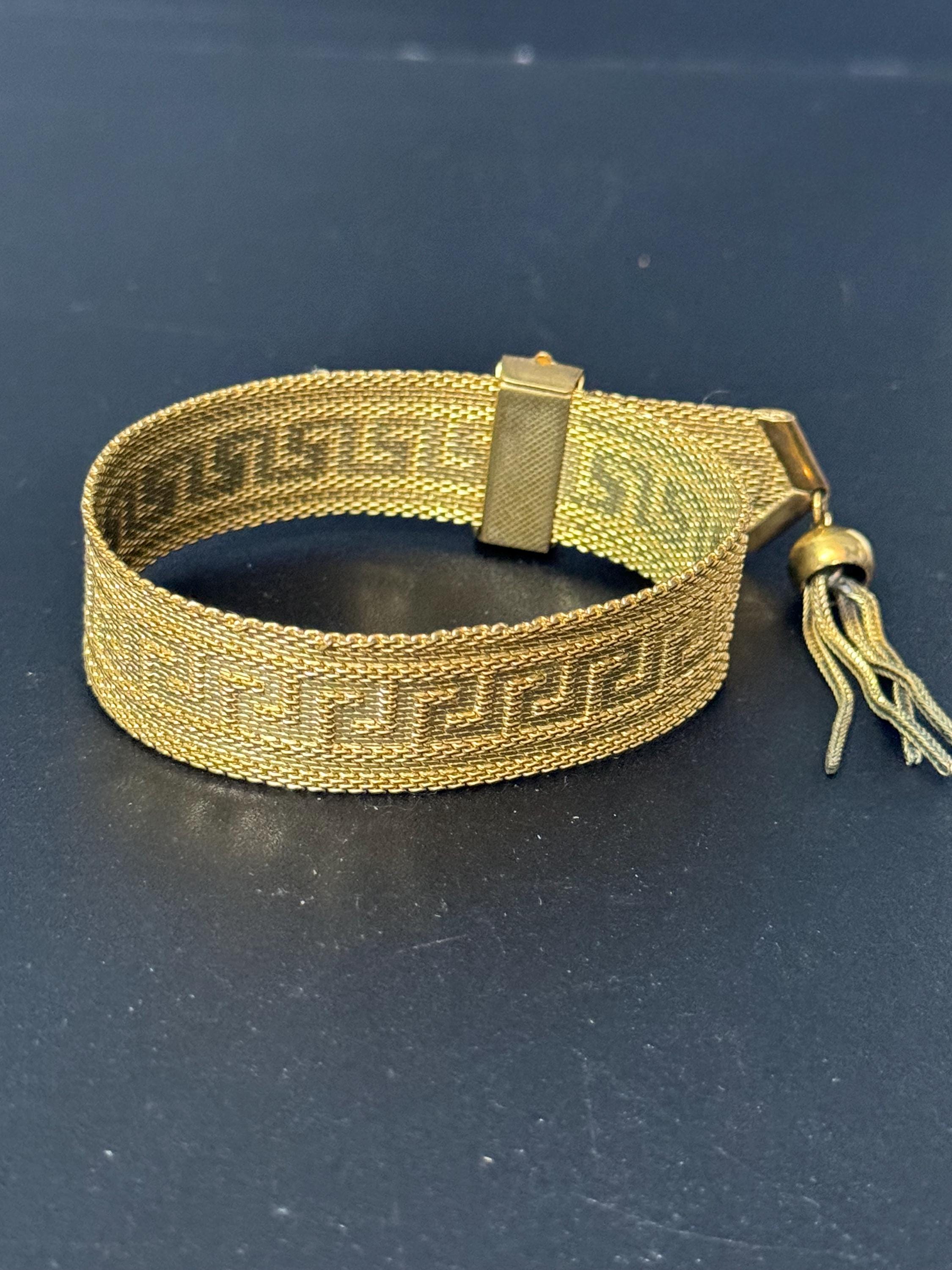 Art Deco Byzantine Greek Key Chain Tassel Gold Tone Mesh Slide Bracelet 1970s Greek Key Design Gold Tone Articulated Flat 2cm Wide  main image 2