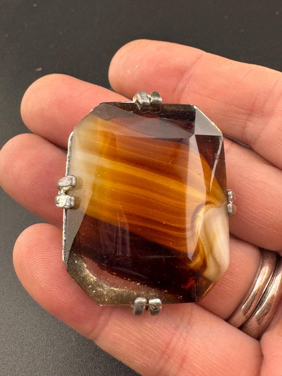 Gold tone rectangular brooch large brown faux mar… - image 5