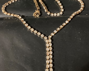 true Vintage pristine 1970s clear diamanté rhinestone gold plated lariat negligee drop necklace old shop stock