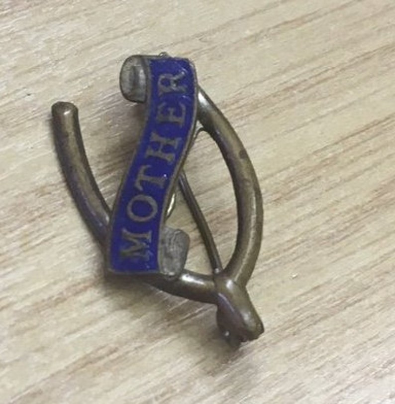 Antique Vintage 1930s 1940s 1950s Blue Enamel MOTHER Mothers Day Birthday Brooch Broach gold tone C Clasp
