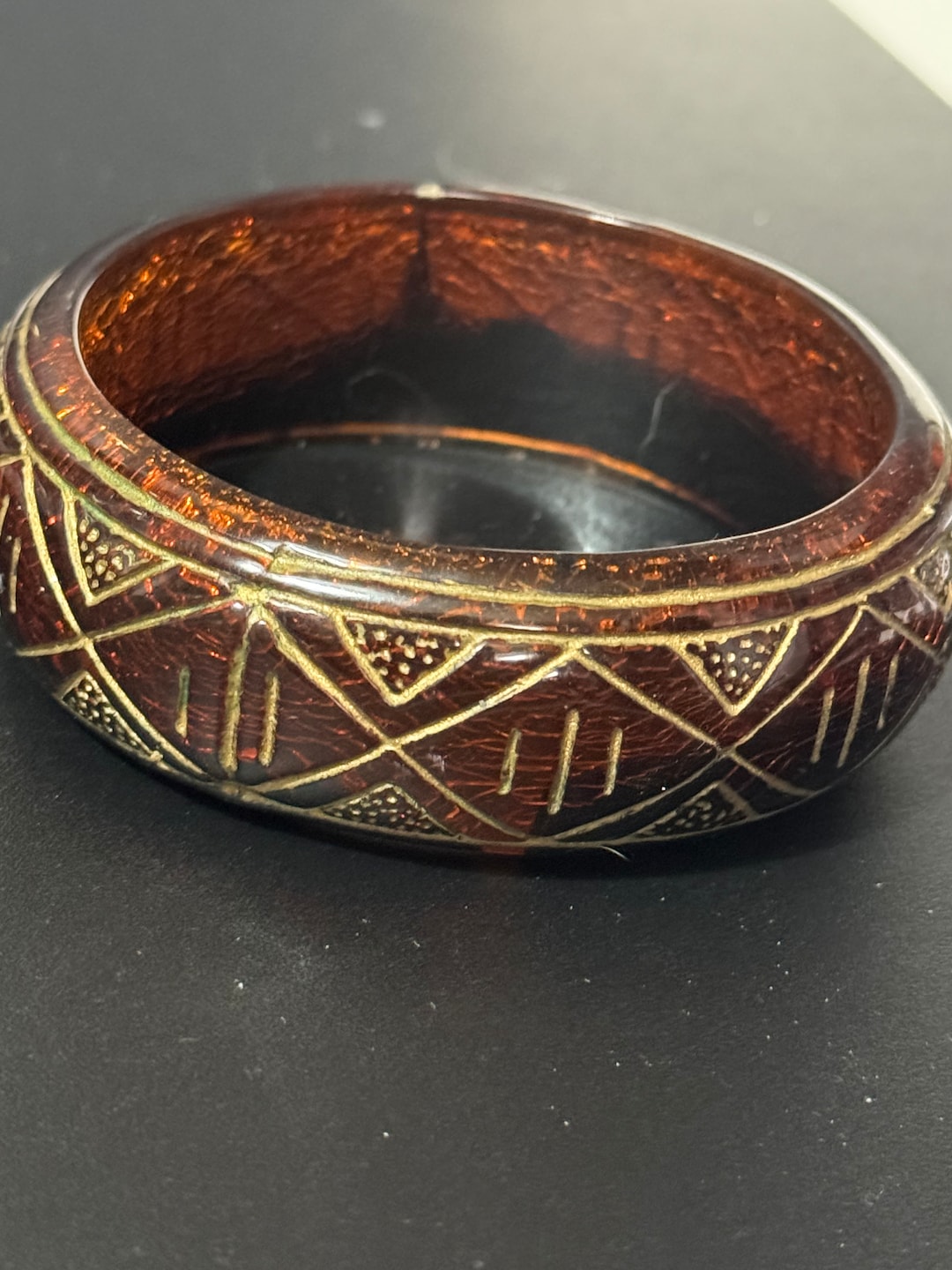Carved Brown Faux Tortoiseshell Bangle, Vintage Chunky Oversized