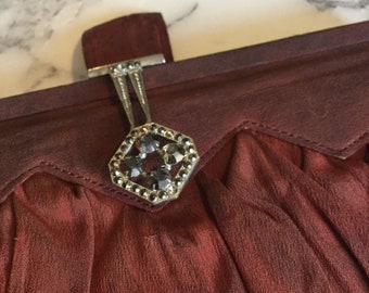 Vintage Art Deco oxblood red crepe Evening Bag Purse Diamanté Marcasite