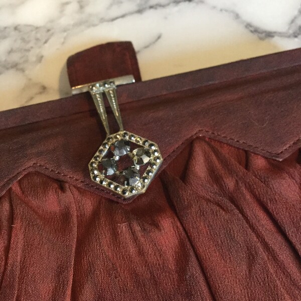 Vintage Art Deco oxblood red crepe Evening Bag Purse Diamanté Marcasite