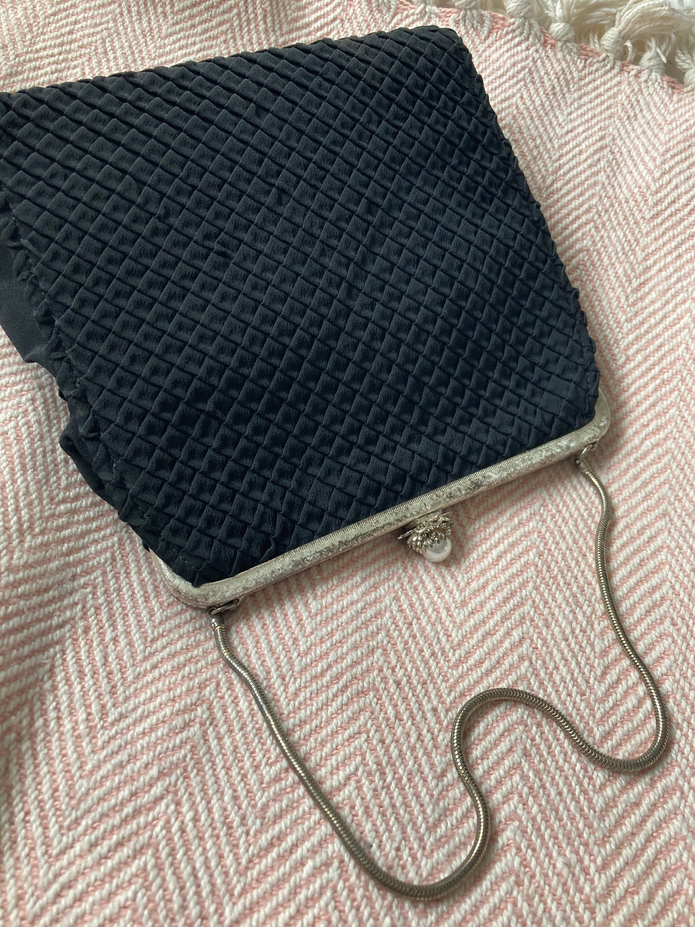 Vintage Art Deco Black Crepe Evening Bag Purse Geometric Cabochon Clasp