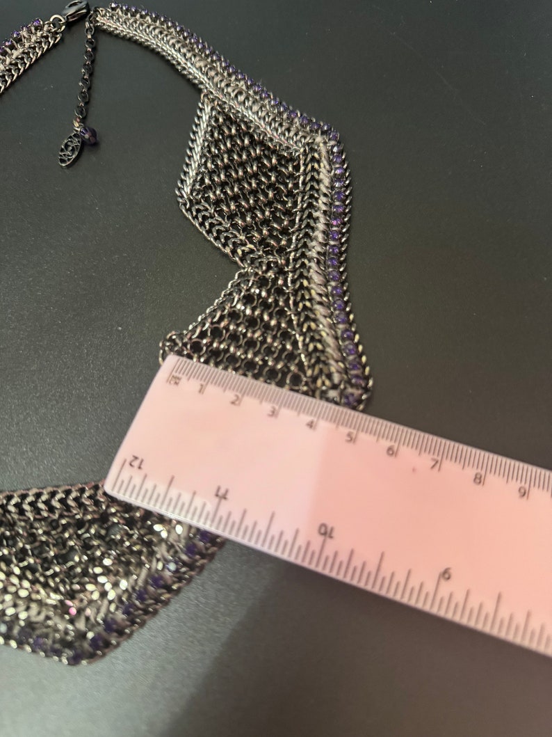 Retro deep purple Swarovski Crystal diamanté and dark grey silver tone chainmail wide choker necklace designer image 4