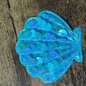 1 x turquoise blue sequin Sew On Nautical sea scallop sea shell sequinned Patch 4.5cm x 5cm sewing craft appliqué image 2