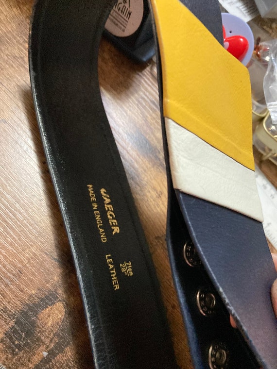 Jaeger navy blue yellow leather belt 71cm 28” vin… - image 2