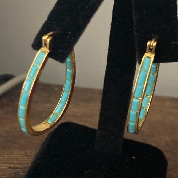 Gold tone and Turquoise beaded oval hoop earrings for pierced ears