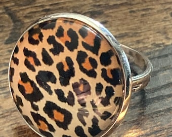 Leopard print silver ring stainless steel adjustable big cat