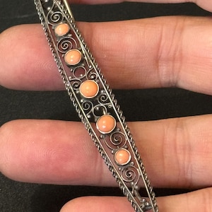 Antique 800 Silver Filigree Brooch: Coral Gemstone Bar Pin