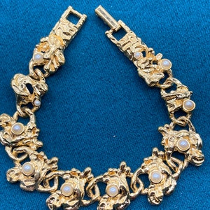 True Vintage pristine 1970s brutalist gold tone Panel link bracelet with seed pearls old shop stock