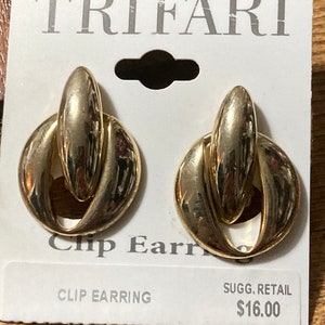 Trifari 1980s gold tone clip on earrings door knocker unsigned