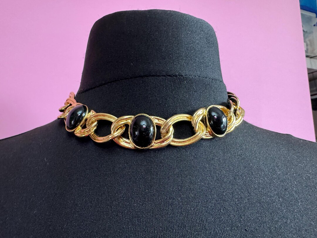 Vintage Gold Curb Chain Choker, Necklace With Black Cabochons - Etsy
