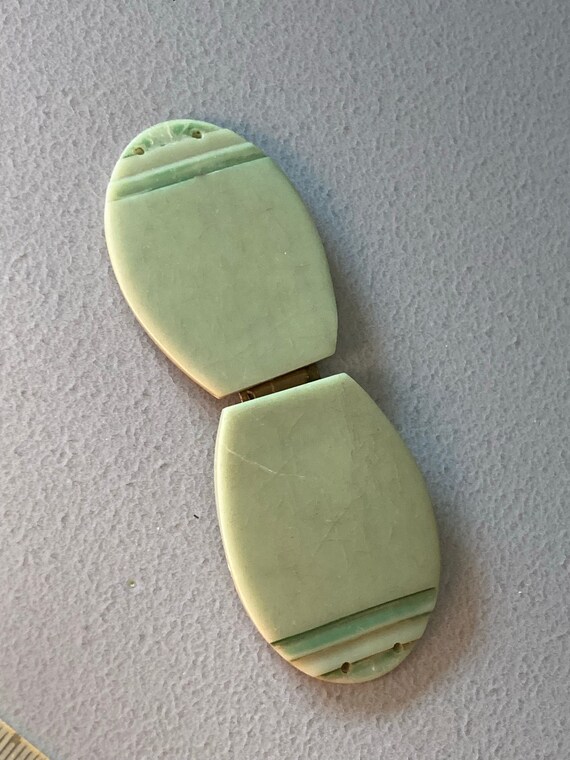 Art Deco soft green Bakelite early plastic 2 part… - image 2