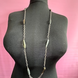 Vintage 1970s Silver Tone Chain Necklace: Grey Glass Beaded Station Link, 106cm