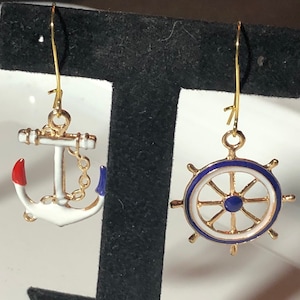 Nautical gold tone white enamel anchor and ships wheel small drop earrings