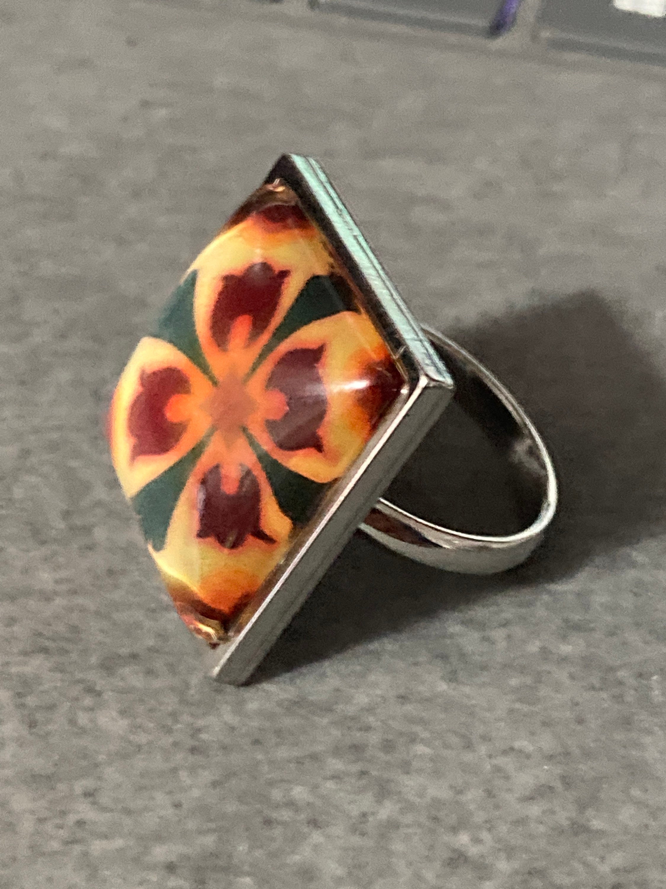 Tile Rings Retro Style Tile Ring: Oversized Silver Tone Art Nouveau Adjustable ...
