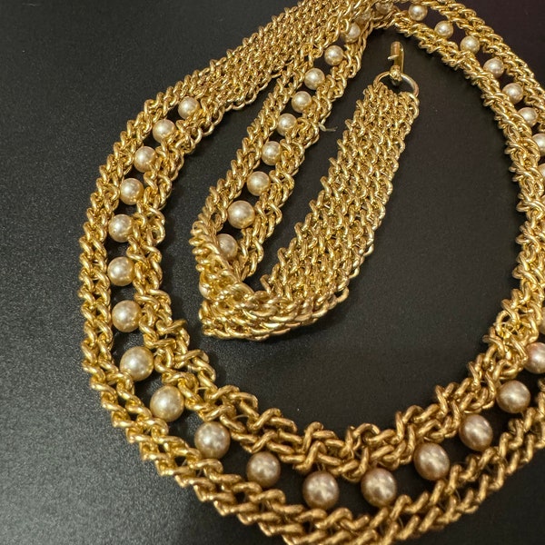 Vintage fixed length 85cm woven gold tone beaded faux Pearl chain link belt