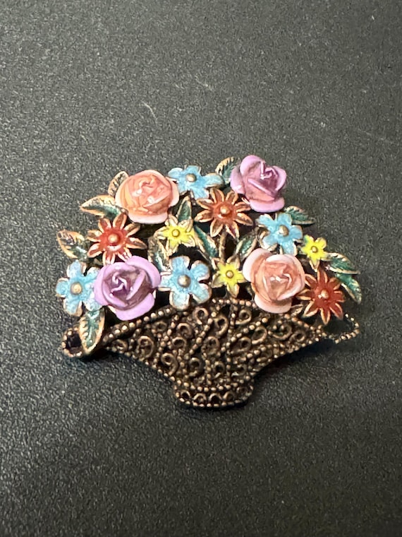 Flower Basket Brooch, Signed Joan Rivers Enamel Floral Pin