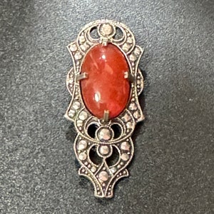 1 x Art Deco Chrome carnelian cabochon and marcasite rhinestone Dress Clip