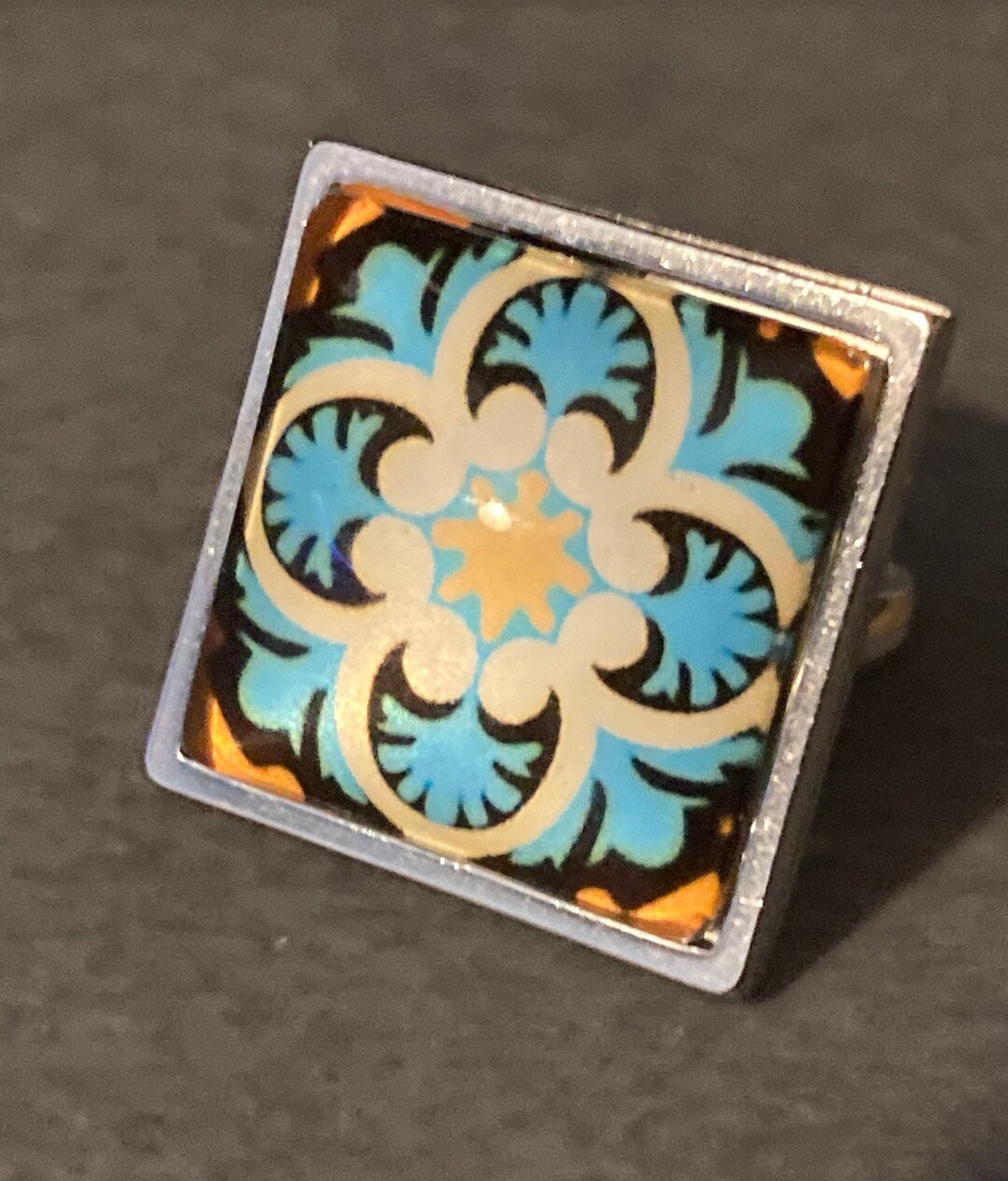 Victorian Tile Abstract Design 2cm Square Glass Cabochon Adjustable ...