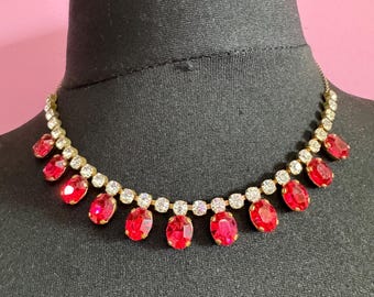 44cm Ruby red pink diamanté crystal drop necklace, fine chain, glass rhinestones, vintage