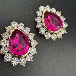Oversized pink Swarovski Crystal Clip On Earrings: Vintage 1980s Gold Tone