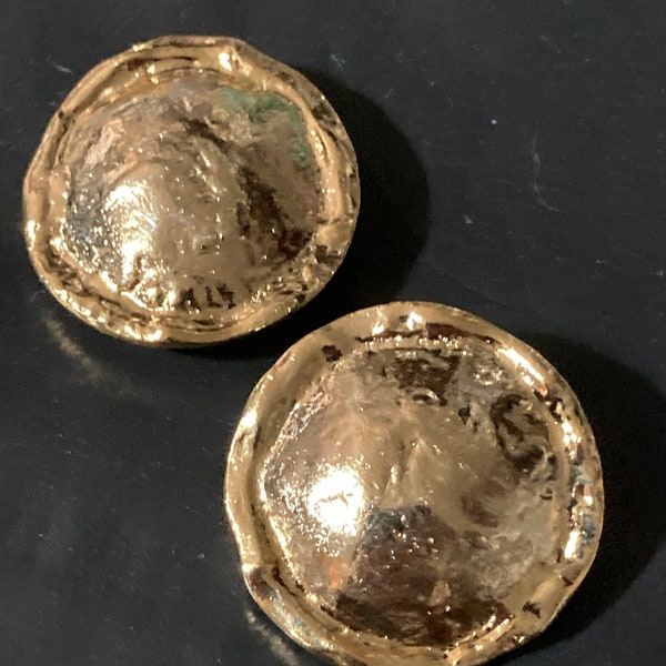 True vintage pristine oversized gold plated metal 3.4cm round disc button earrings genuine period old shop stock