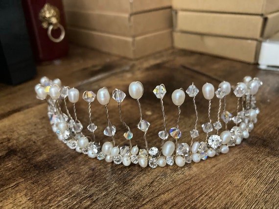 White Gold Tone Crystal Bridal Tiara - Silver Tone Vintage Inspired Crystal Bridal Tiara Crown, Art Deco Style  main image 2