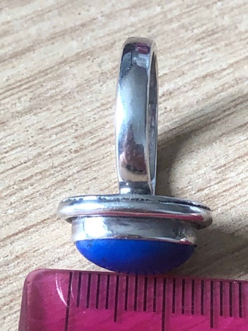 vintage retro 925 sterling silver Lapis Lapiz Lazuli Cobalt Bright Blue Gem Set Cabuchon dress cocktail ring size M us 6 6.5