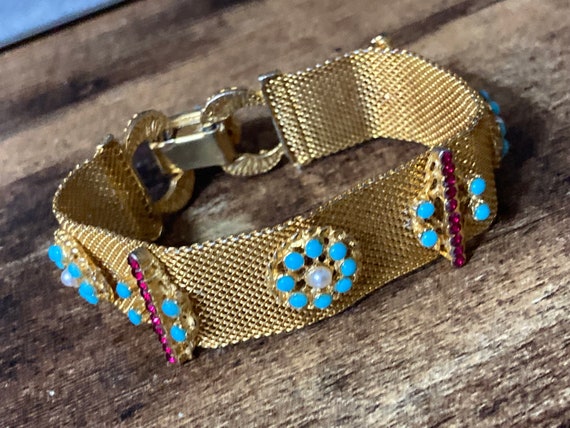 gold tone mesh cuff bracelet with turquoise blue … - image 1