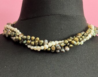 Collier Vintage Années 50 - Multi Rangs De Perles En Verre Vert D'eau, Longueur ~55cm, Parfait état