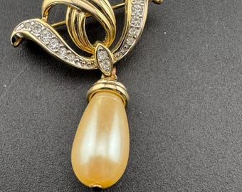 Pearl Drop Brooch, Victorian Dangle | Gold Tone, Faux Seed Teardrop | Signed Crystal Accent