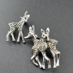 Two silver Marcasite brooches of a family of deers Vintage silver tone mid century