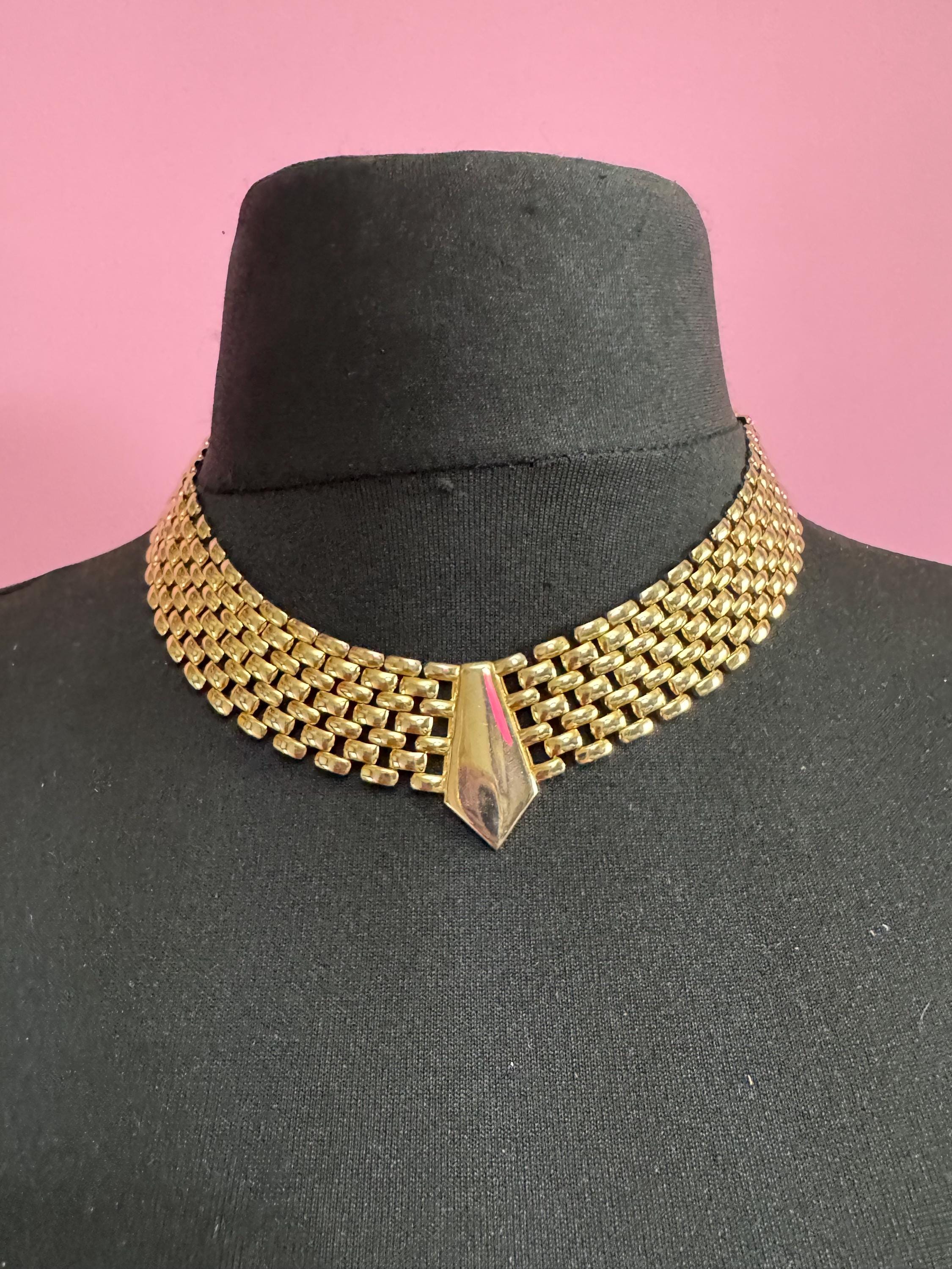 Brick Panther Link Necklace: Vintage 1980s Gold Tone - Wide 2cm