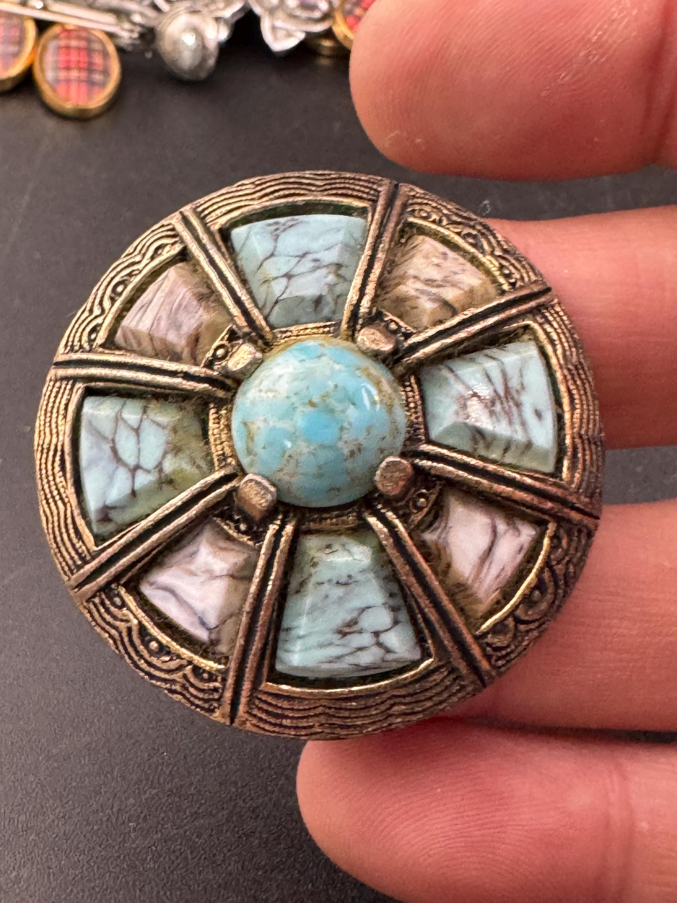 Agate Pebble Brooch | Signed Miracle Vintage | Turquoise Blue