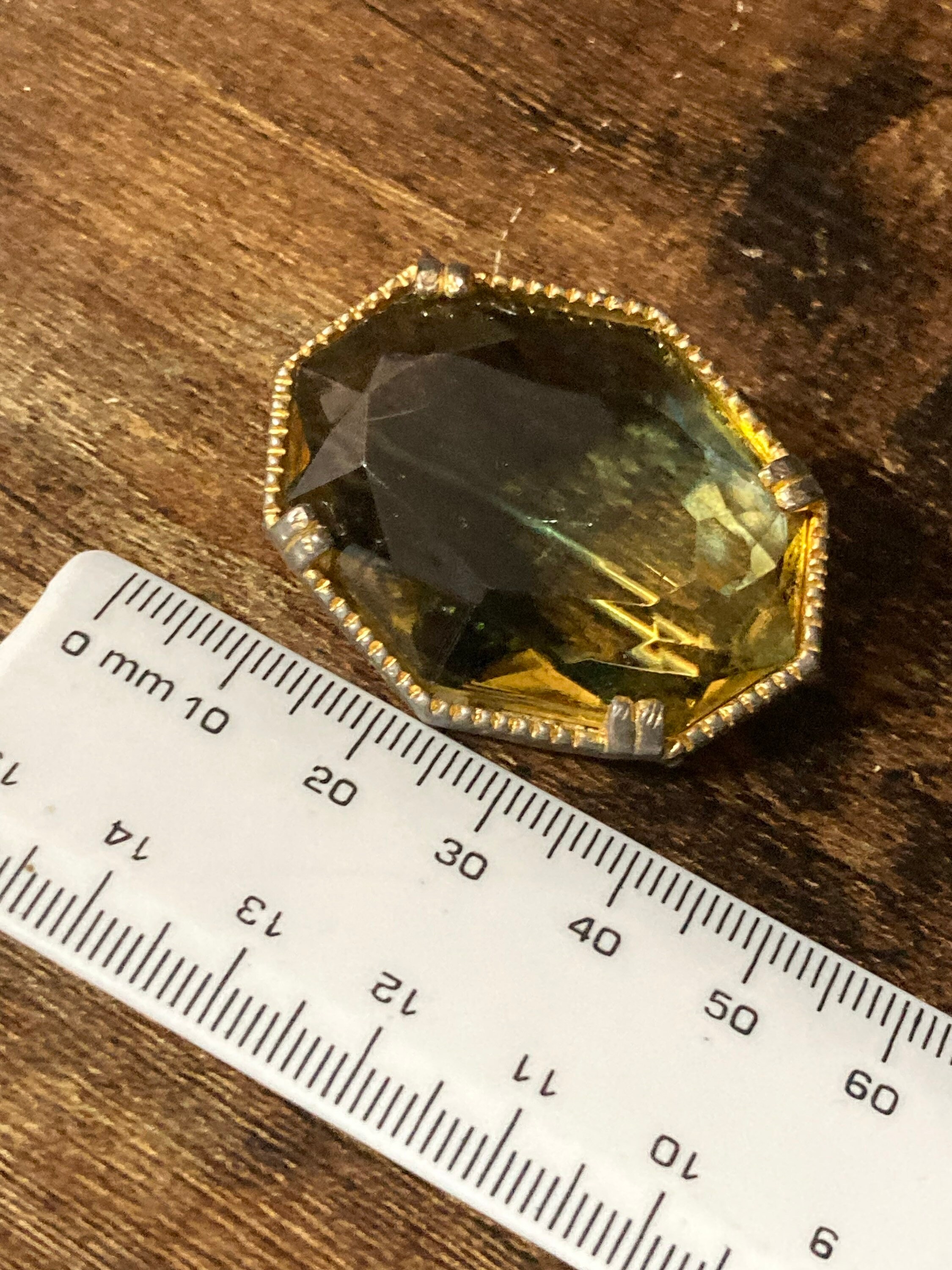Vintage Brooch With Large Brown Green Citrine Glass Faceted